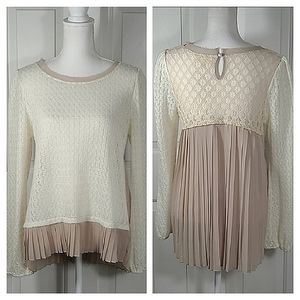 A'reve Cream Sweater Pleated Light Mocha Brown Chiffon & Floral Lace Semi Sheer